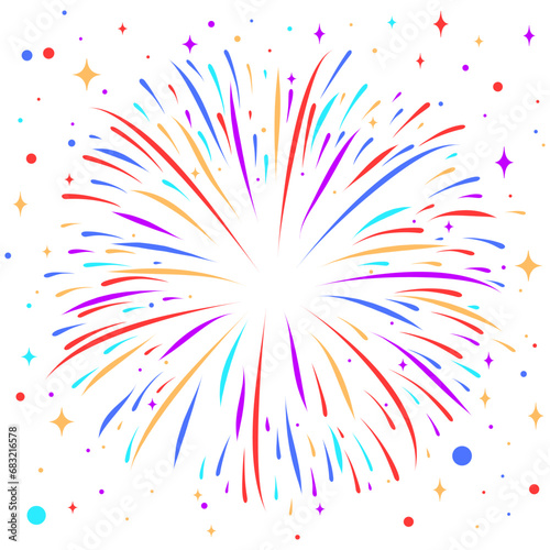 Bursting colorful fireworks with stars and sparks isolated on transparent background