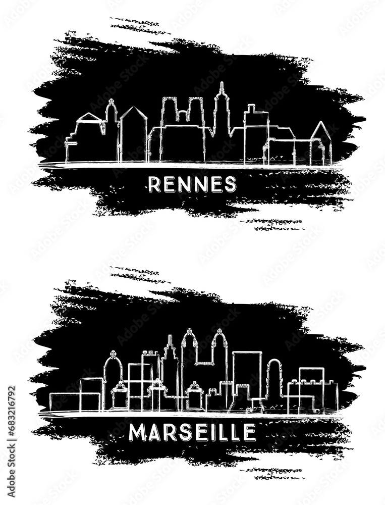 Marseille and Rennes France City Skyline Silhouette set. Hand Drawn Sketch. Business Travel and Tourism Concept with Modern Architecture.