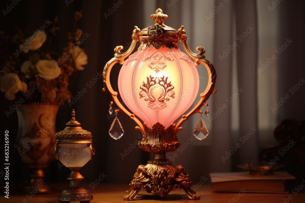 A pink lamp with a gold design on it. Generative AI. A pink lamp with a gold design on it. Generative AI.