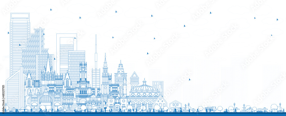 Welcome to Spain. Outline City Skyline with Blue Buildings. Illustration. Modern and Historic Architecture. Spain Cityscape with Landmarks.