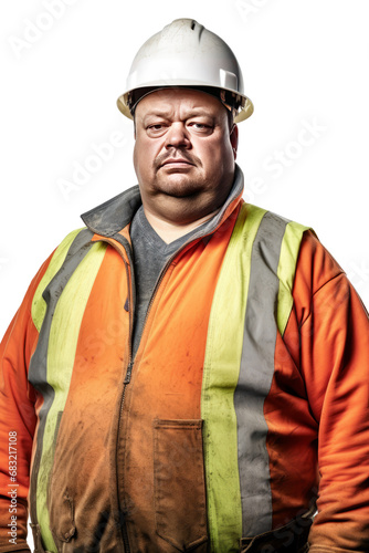 Portrait of construction worker Overweight man in engineer uniform on transparent background