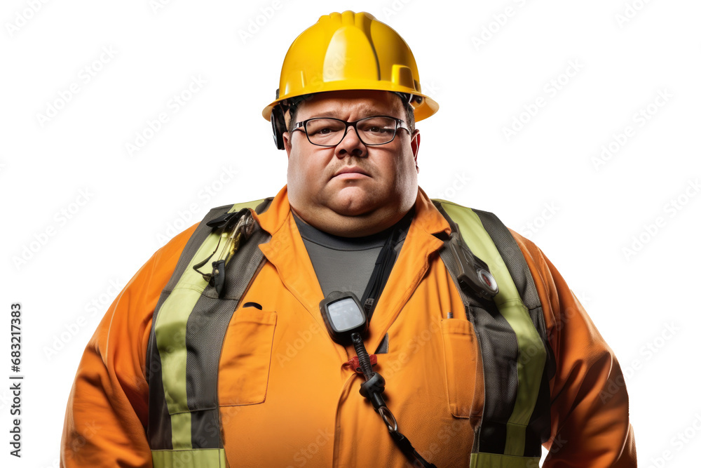 Portrait of construction worker Overweight man in engineer uniform on transparent background