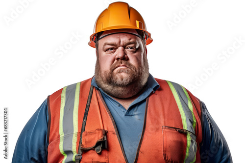 Portrait of construction worker Overweight man in engineer uniform on transparent background © LomaPari2021