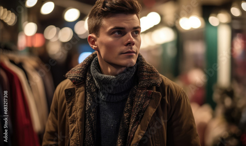 Portrait of a handsome young man in brown jacket in clothing store