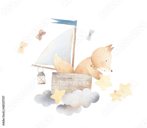 A fox in a boat collects stars. Cute little fox travels among the clouds. Watercolor illustration. Vintage style. Illustration for kids room.