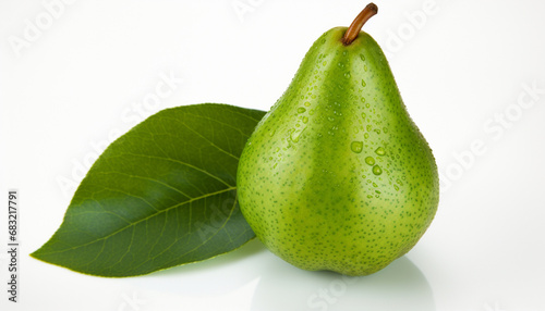 Green pear with water droplets and leaf on white background.