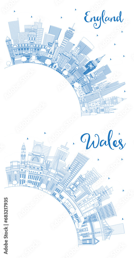 Outline Wales and England City Skyline set with Blue Buildings and Copy Space. Illustration. Concept with Historic Architecture. Cityscape with Landmarks.