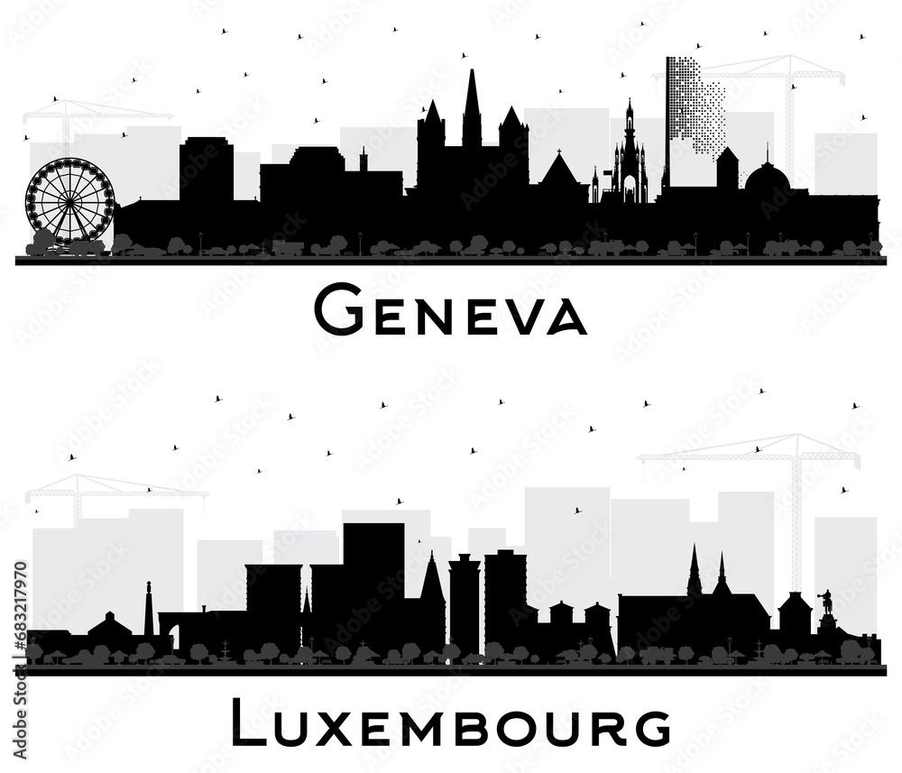 Luxembourg and Geneva Switzerland City Skyline Silhouette set with Black Buildings Isolated on White.