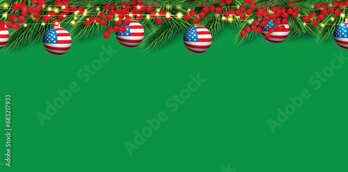 Christmas Border with Fir Branches, Holly Berries and Balls with USA Flag. Neon Garland with Yellow Lights. Illustration. Merry Christmas and Happy New Year.