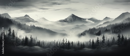 Mountain landscape with forest in fog