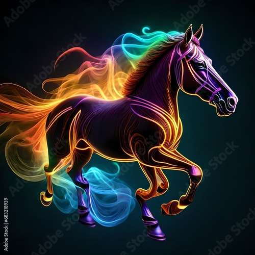 Colorful horses on black background. Generative AI