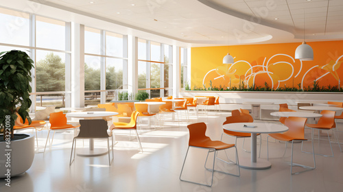 Modern interior food and snack cafeteria with chairs