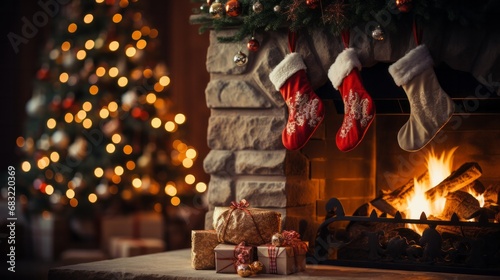 New Year's socks and a fireplace. Christmas atmosphere © Mike