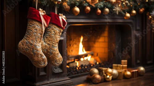 New Year's socks and a fireplace. Christmas atmosphere