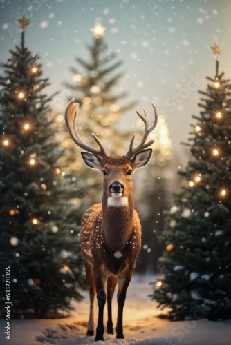 A beautiful New Year s deer on the background of Christmas trees decorated with colorful balloons in winter in the forest during a snowfall.