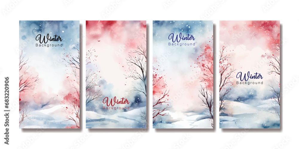 Modern winter background landscape. Snowy Vector illustration. Snowfall. Clear blue sky. Blizzard. Snowy weather. Design elements for poster, book cover, brochure, magazine, flyer