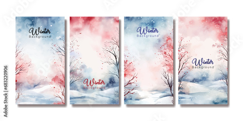 Modern winter background landscape. Snowy Vector illustration. Snowfall. Clear blue sky. Blizzard. Snowy weather. Design elements for poster, book cover, brochure, magazine, flyer