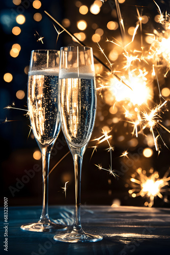 Champagne flutes with bubbles and sparklers in background. New Year's eve celebration event.