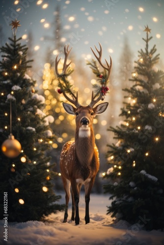 A beautiful New Year's deer on the background of Christmas trees decorated with colorful balloons in winter in the forest during a snowfall. © liliyabatyrova