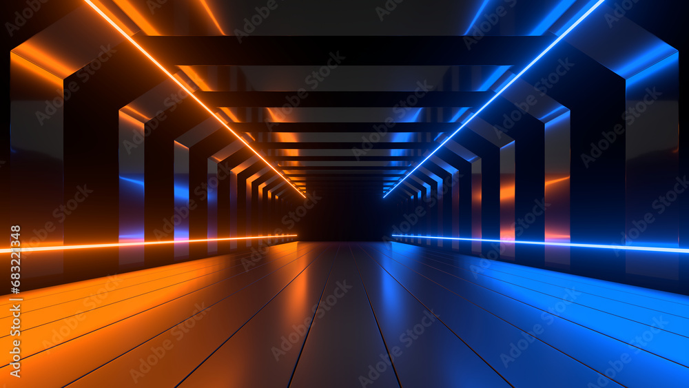 Sci Fi neon glowing lines in a dark tunnel. Reflections on the floor and ceiling. 3d rendering image. Abstract glowing lines. Technology futuristic background.