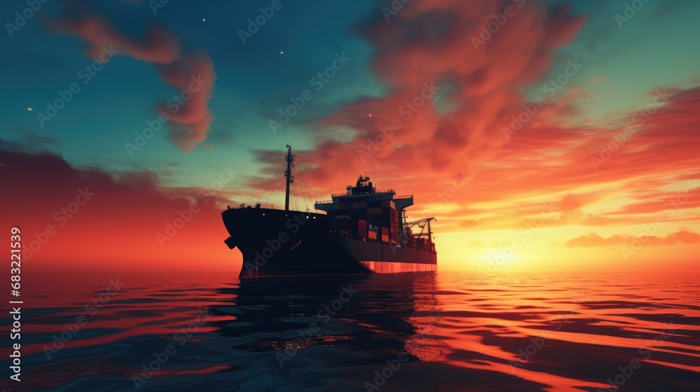 A cargo ship in warm colors of sunlight at sunset photo realistic - Generative AI.