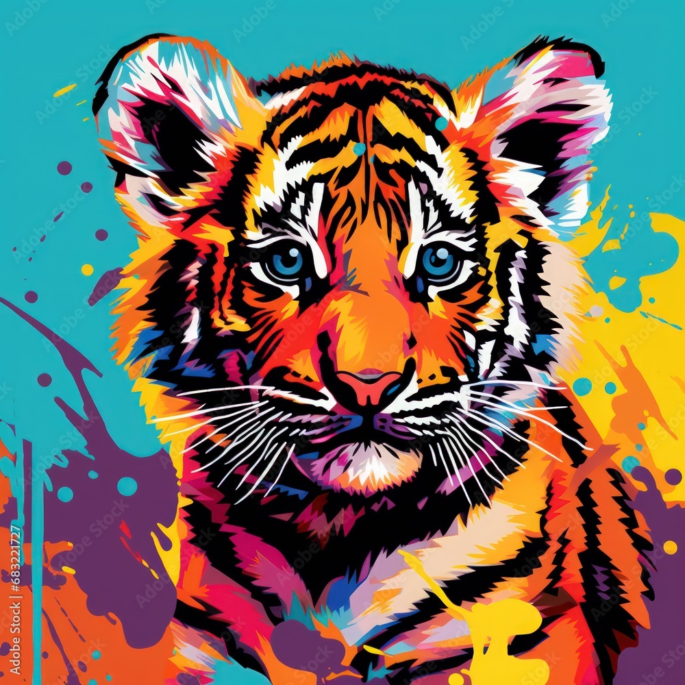 Blacklight painting-style baby tiger, baby tiger pop art illustration