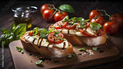 Mozzarella bruschetta with tomato and basil on table 
