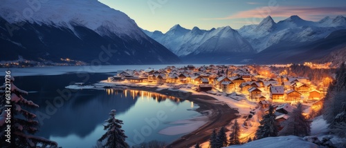 Small cozy night town by the sea on the background of snowy year