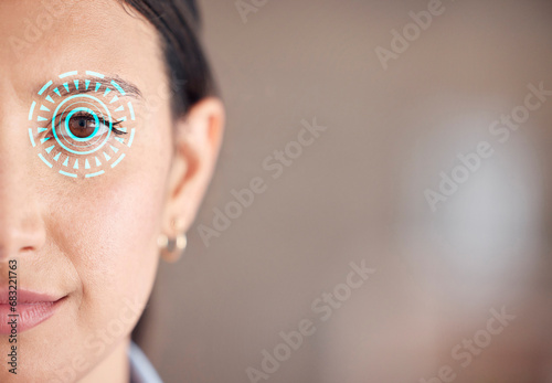 Woman, face and eye scan in cybersecurity, verification or biometrics at office on mockup space. Closeup portrait of female person scanning retina or sight for identity, visual or access at workplace photo