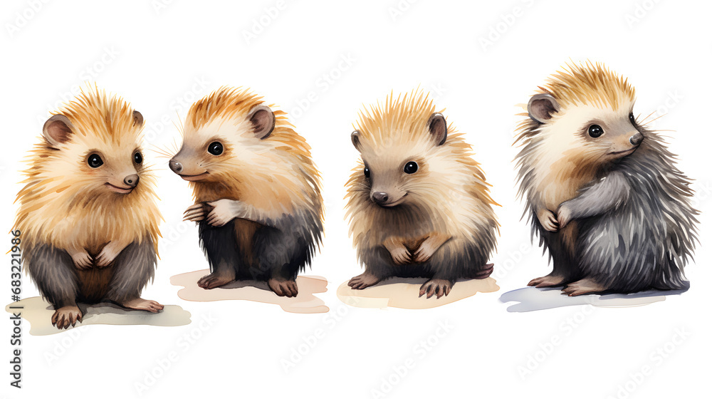 Set of watercolor cute porcupine illustration isolated on white background