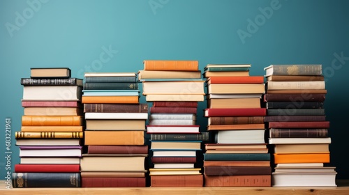 Stacks of books on a blue background