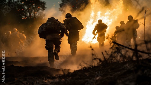 special forces charging through a fiery battlefield, backlit by a massive explosion at dusk. generative AI