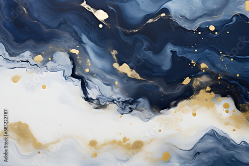 Abstract textured background with organic forms and spalshes, marble like surface, gilded gold elements with dark blue forms