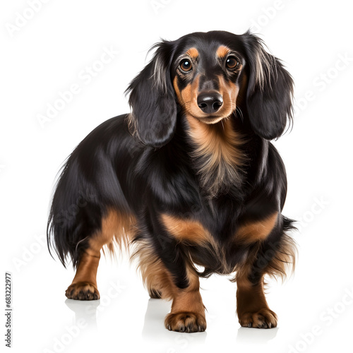 Long-Haired Black and Tan Dachshund Dog Isolated on White Background - Generative AI