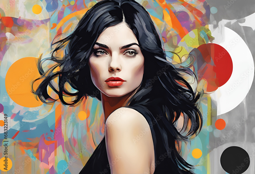 Portrait of a beautiful woman with black hair on pop art background