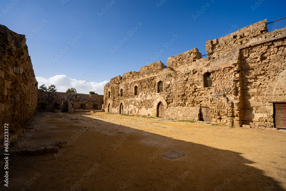 Othello Castle in the old town of Famagusta. It was built by the Lusignans in the 14th century, and was later modified by the Venetians.