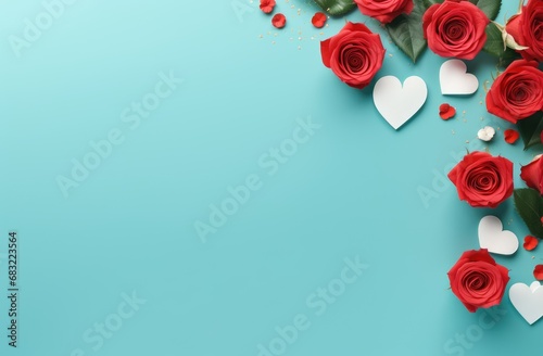 Simple blue background with hearts and roses, space for text, AI generated.