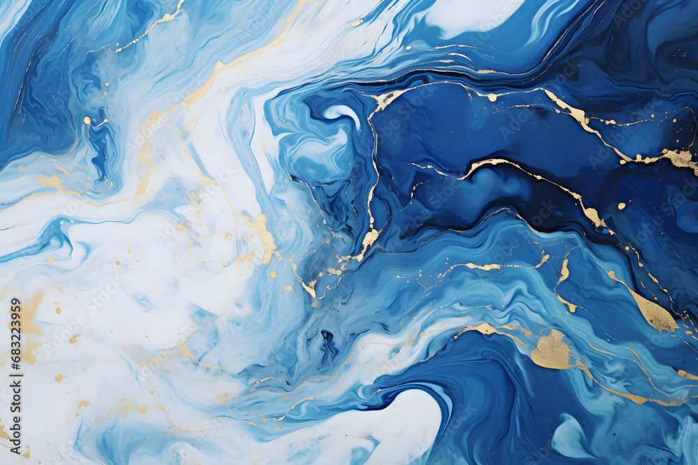 Abstract liquid marble background - Ethereal Serenity: Light Blue Marble with Gold Swirls - obrazy, fototapety, plakaty 