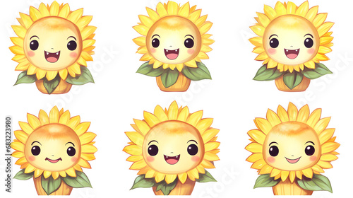 Set of various watercolor sunflower mascot with happy face isolated on white background