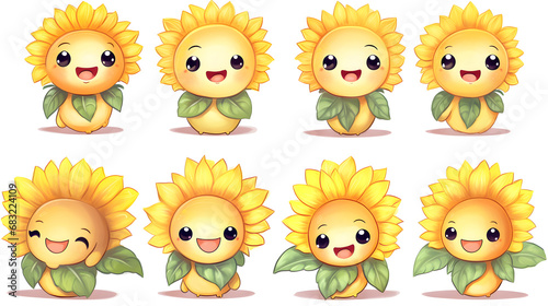 Set of various watercolor sunflower mascot with happy face isolated on white background