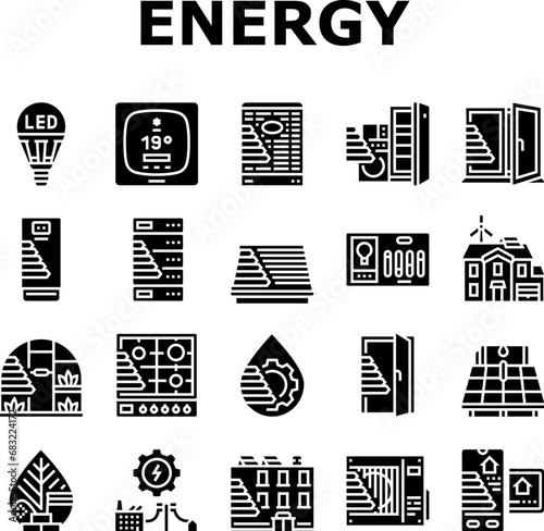 energy efficient technology green icons set vector. environment home, ecology power, house electric, future innovation, eco economy energy efficient technology green glyph pictogram Illustrations