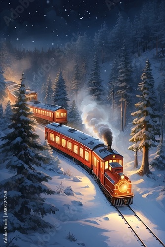 A beautiful red train with glowing headlights rides through the winter forest in the evening. photo