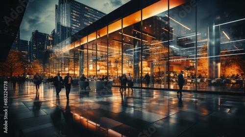 Business center, long exposure photo of people passing by