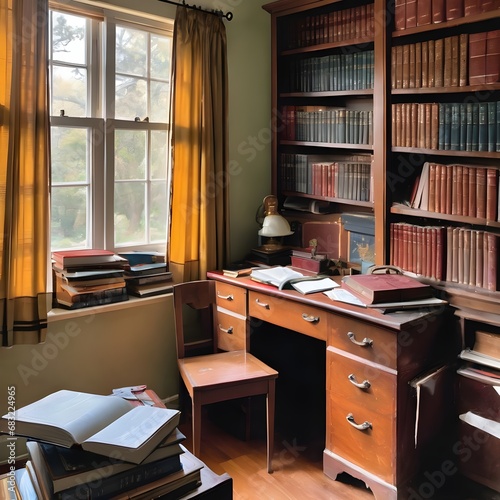 a study with a desk by the window and a bookshelf full of books © RORON