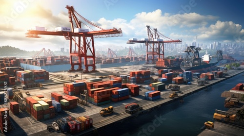 A panoramic view of a bustling cargo port photo realistic - Generative AI.