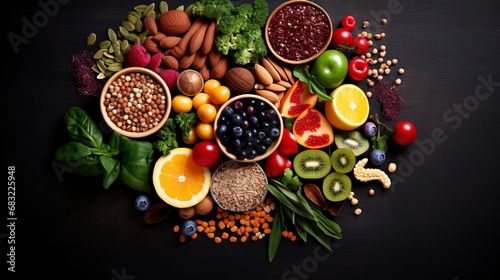 Health food for fitness concept with fruit, vegetables, pulses, herbs, spices, nuts, grains and pulses. High in anthocyanins, antioxidants, generative ai