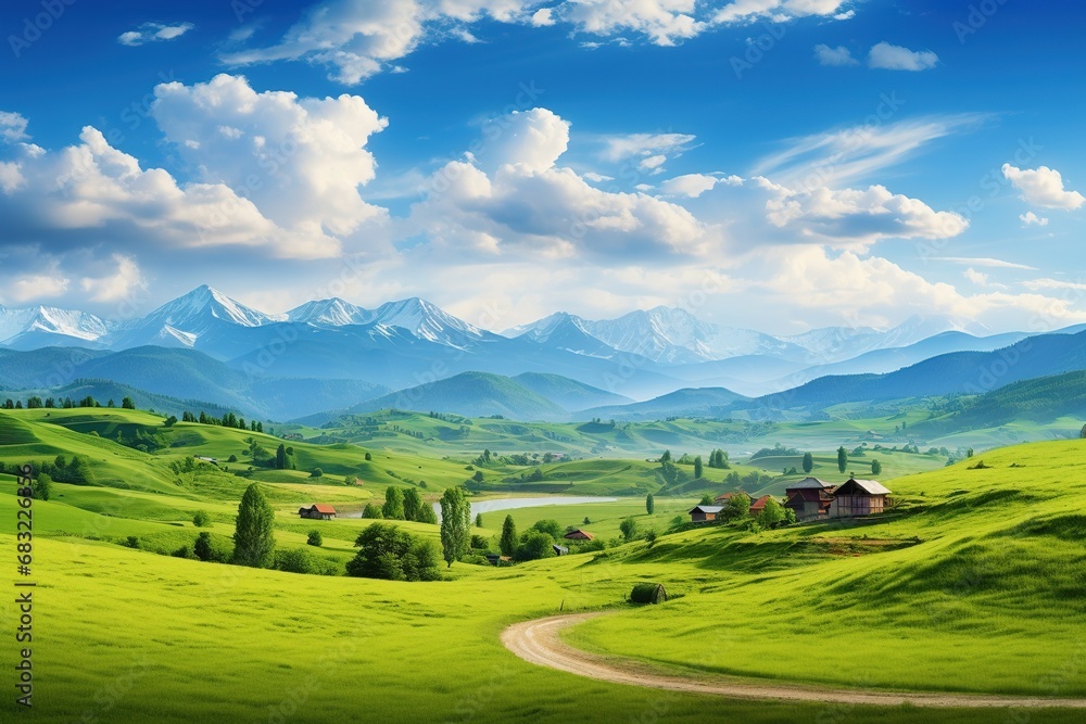 Fototapeta premium Beautiful landscape with green meadows and blue sky with clouds.