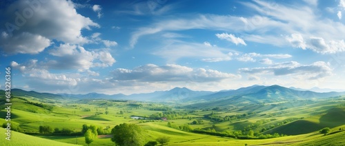 Beautiful landscape with green meadows and blue sky with clouds. © Rudsaphon