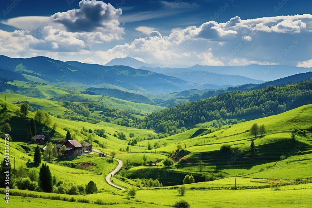 Beautiful landscape with green meadows and blue sky with clouds. Beautiful landscape with green meadows and blue sky with clouds.