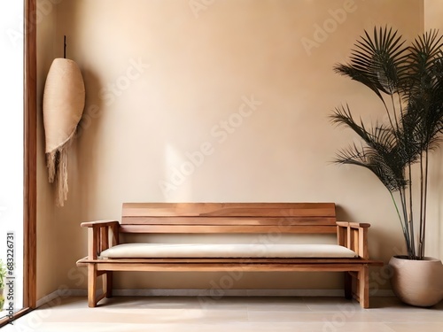 Rustic wood bench against beige stucco wall with copy space. Japandi interior design of modern entrance hall. Generative AI 